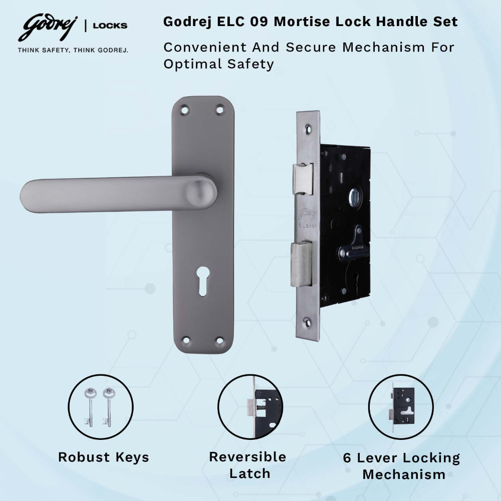 Godrej Mortise Lock I Door Handle Set | ELC 09 | 6-Lever Locking Mechanism | Reversible Latch | for Wooden Doors (Matte Black Nickel) | 5 Years Warranty